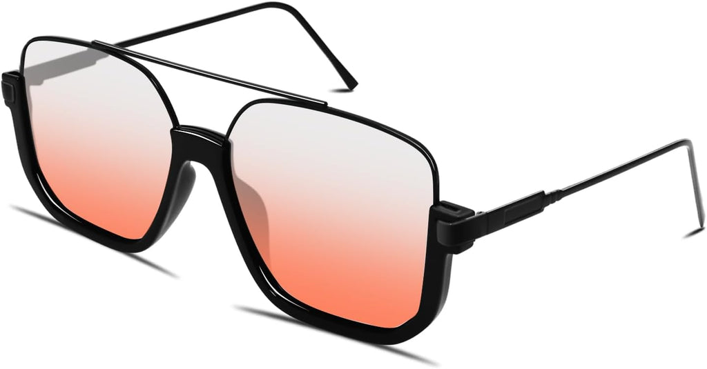 GUVIVI Retro Oversized Aviator Sunglasses for Women Men Square Double Bridge Pilot Sun Glasses 70s Trendy Shades