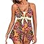 Aleumdr Women Printed Two Piece Tankini Swimsuits Tummy Control Swim Dress High Waisted Boyshort with Pockets
