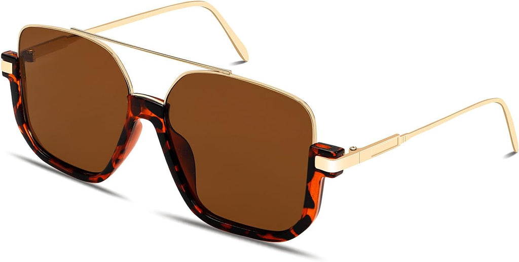 GUVIVI Retro Oversized Aviator Sunglasses for Women Men Square Double Bridge Pilot Sun Glasses 70s Trendy Shades