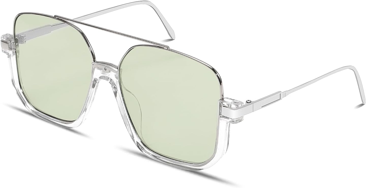 GUVIVI Retro Oversized Aviator Sunglasses for Women Men Square Double Bridge Pilot Sun Glasses 70s Trendy Shades