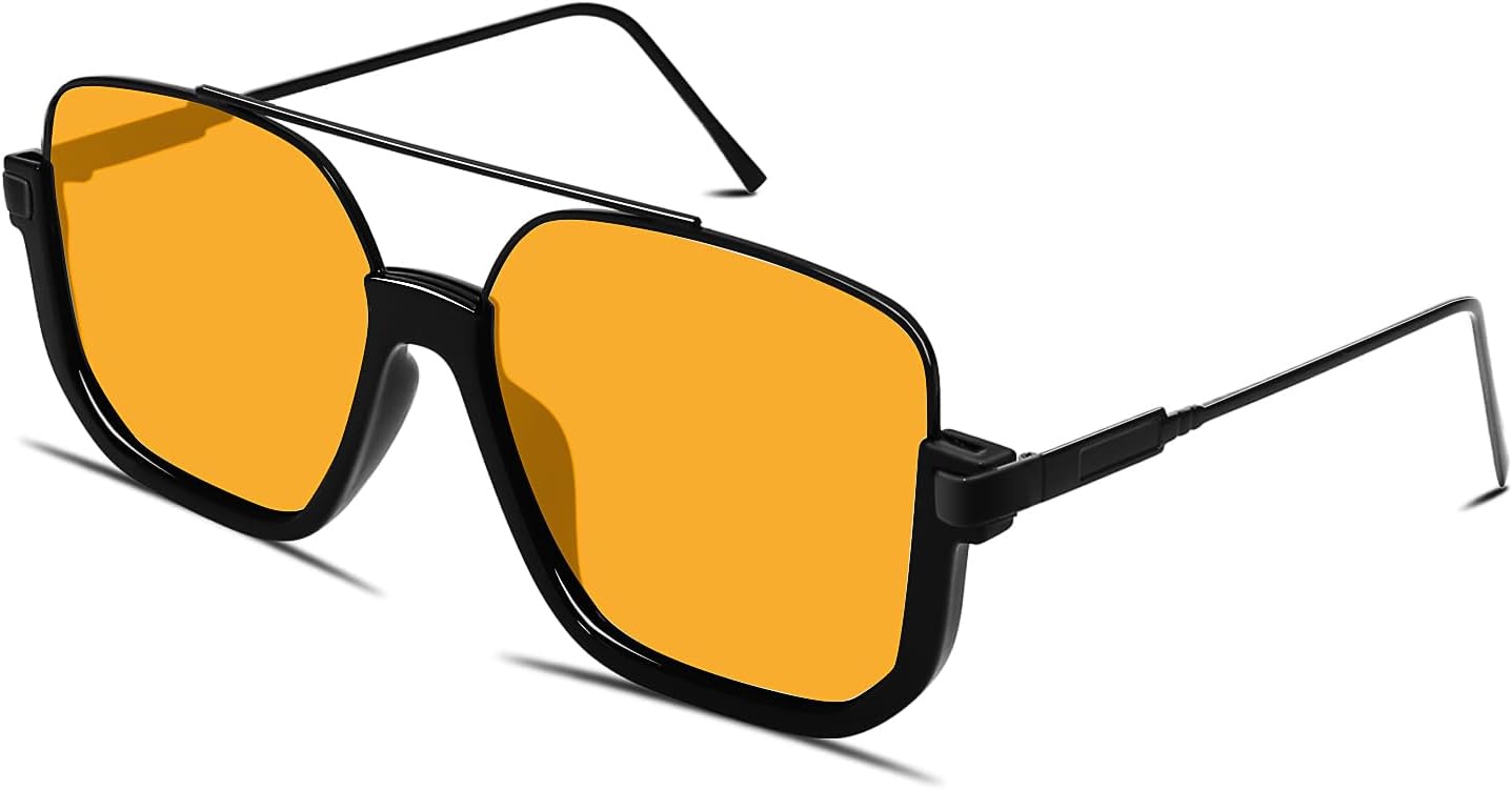 GUVIVI Retro Oversized Aviator Sunglasses for Women Men Square Double Bridge Pilot Sun Glasses 70s Trendy Shades