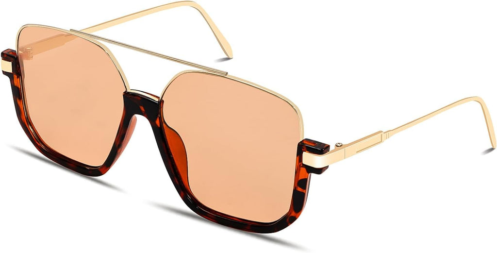 GUVIVI Retro Oversized Aviator Sunglasses for Women Men Square Double Bridge Pilot Sun Glasses 70s Trendy Shades