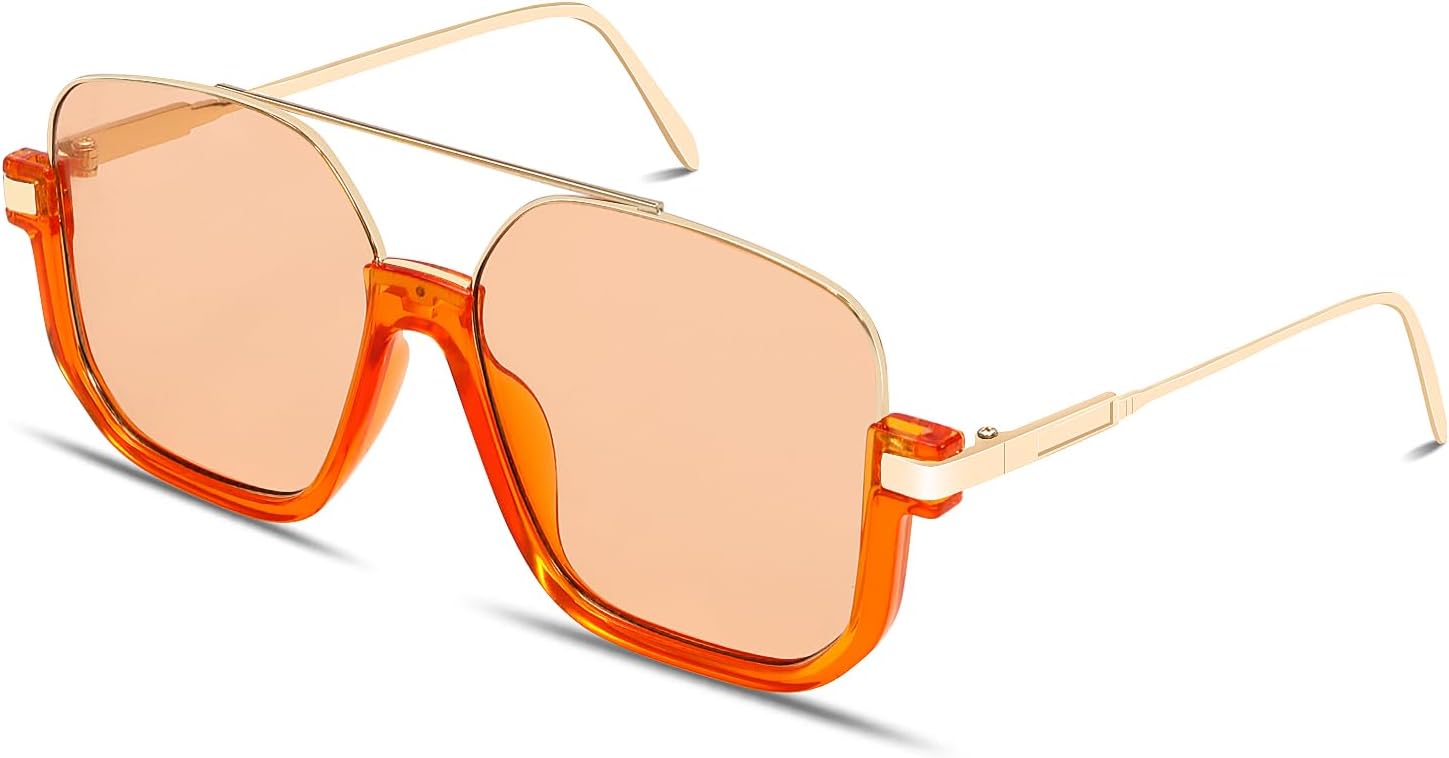 GUVIVI Retro Oversized Aviator Sunglasses for Women Men Square Double Bridge Pilot Sun Glasses 70s Trendy Shades