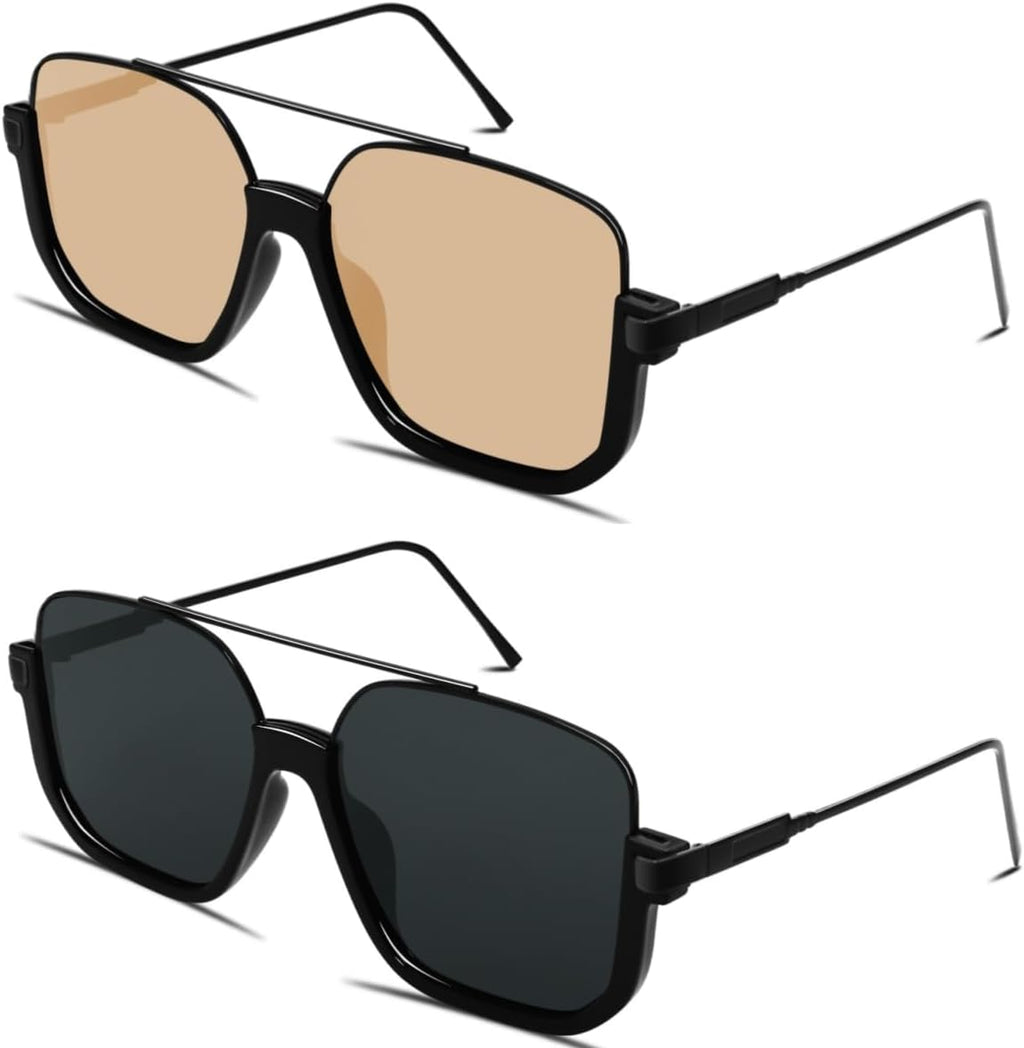 GUVIVI Retro Oversized Aviator Sunglasses for Women Men Square Double Bridge Pilot Sun Glasses 70s Trendy Shades