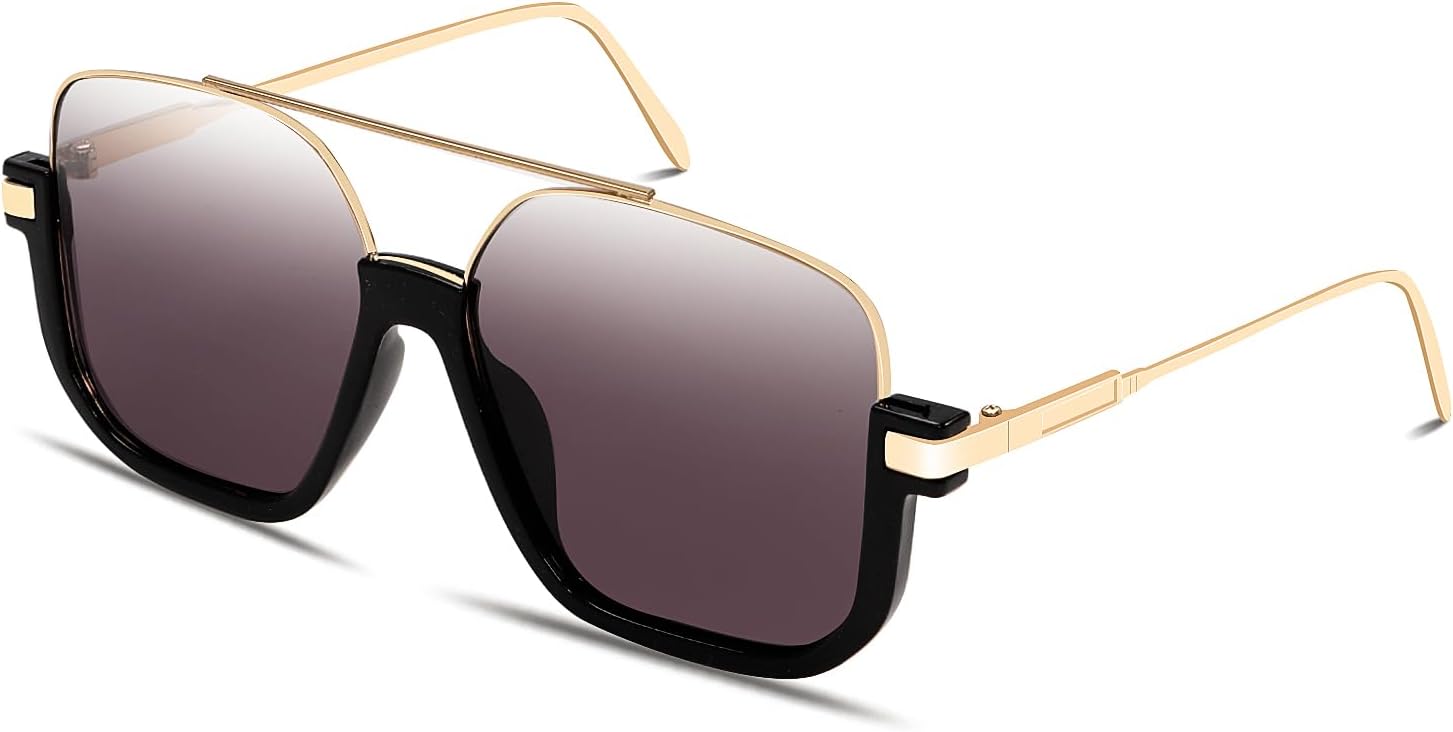 GUVIVI Retro Oversized Aviator Sunglasses for Women Men Square Double Bridge Pilot Sun Glasses 70s Trendy Shades