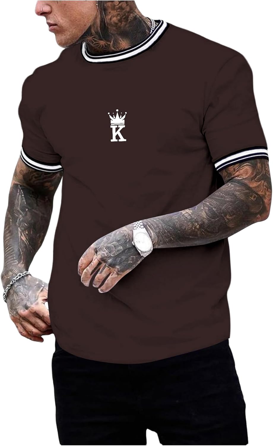 SOLY HUX Men's Crown Letter Print Striped Trim Tee Tops Short Sleeve Crew Neck Summer T Shirt