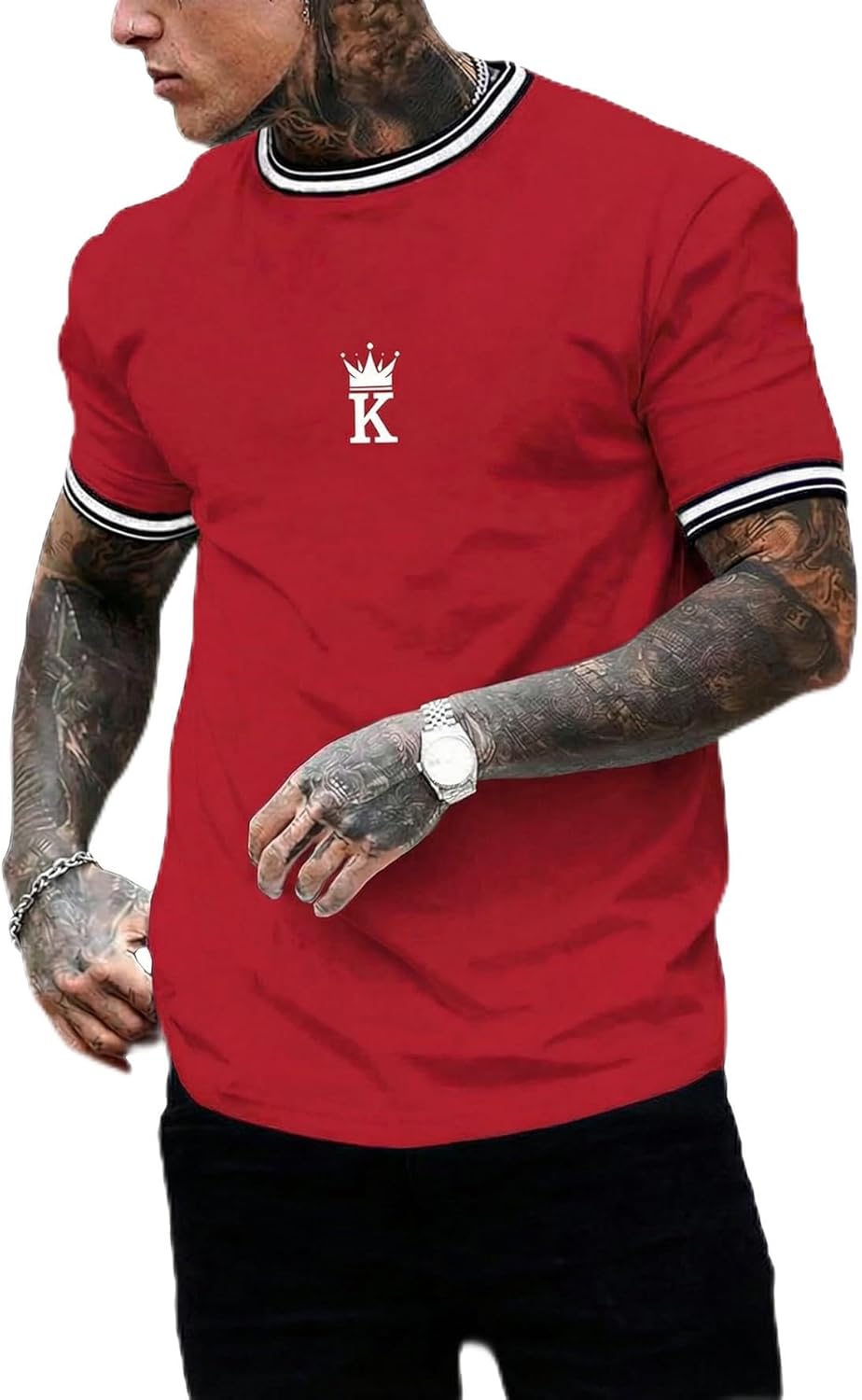 SOLY HUX Men's Crown Letter Print Striped Trim Tee Tops Short Sleeve Crew Neck Summer T Shirt