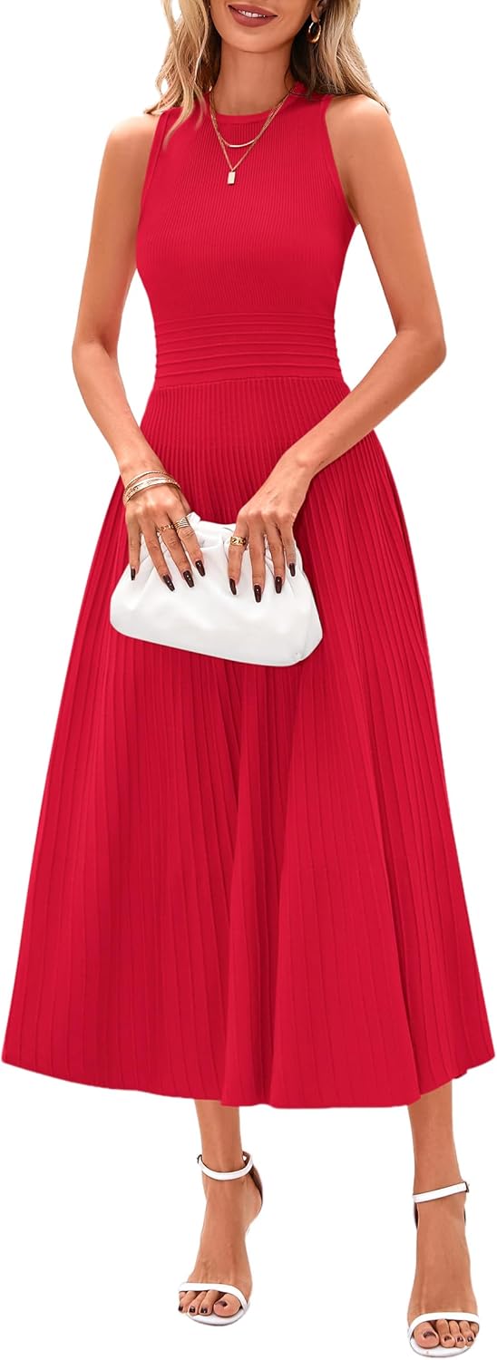 PRETTYGARDEN Spring Casual Dresses for Women 2026 Summer Business Work Midi Sleeveless A Line Pleated Cocktail Dress