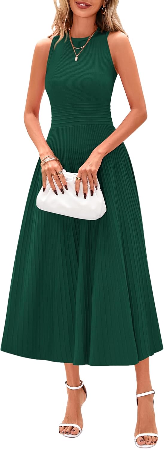 PRETTYGARDEN Spring Casual Dresses for Women 2026 Summer Business Work Midi Sleeveless A Line Pleated Cocktail Dress