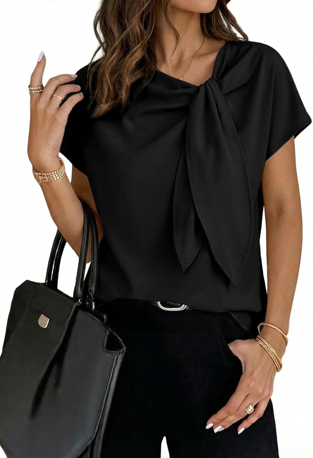 Dokotoo Women's Business Casual Short Sleeve Chiffon Slit Shirts 2026 Summer Elegant Knot Neckline Tops