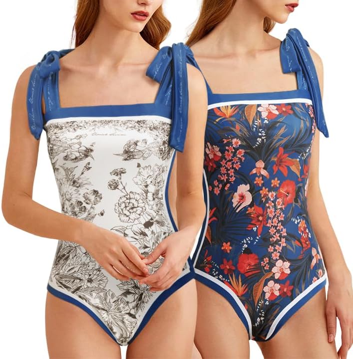 SKAYS Reversible Floral One Piece Swimsuit Women Bathing Suit Vintage Cute with Adjustable Straps Swimwear