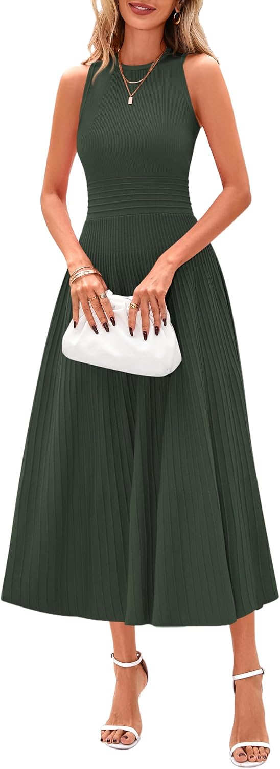 PRETTYGARDEN Spring Casual Dresses for Women 2026 Summer Business Work Midi Sleeveless A Line Pleated Cocktail Dress