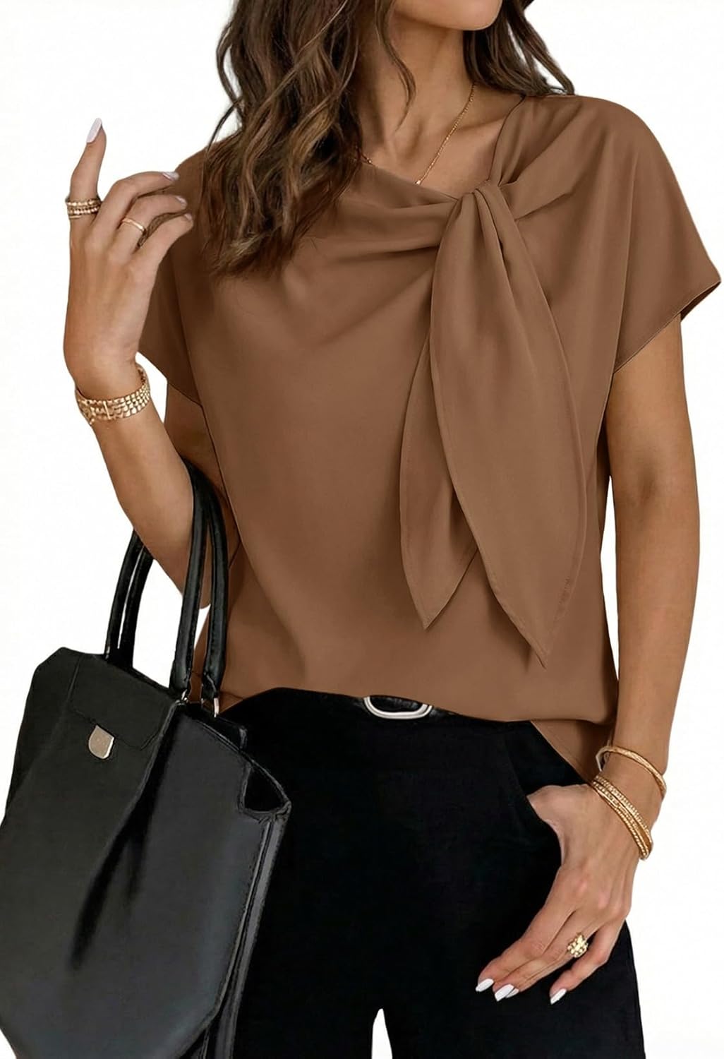Dokotoo Women's Business Casual Short Sleeve Chiffon Slit Shirts 2026 Summer Elegant Knot Neckline Tops