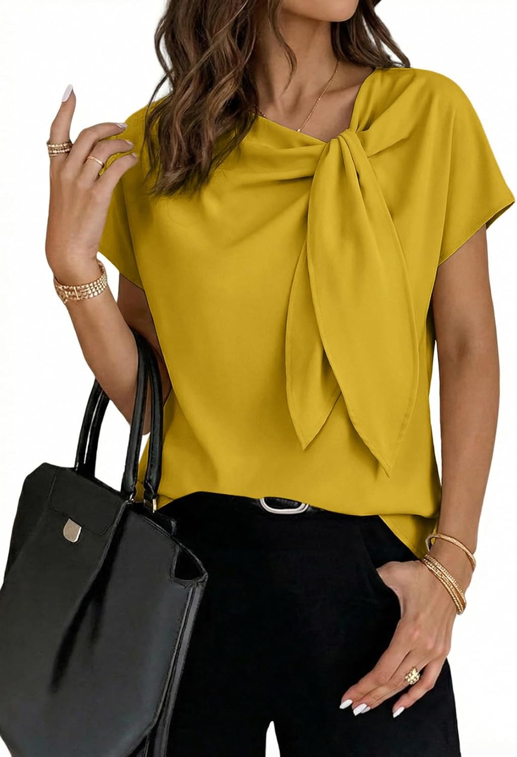 Dokotoo Women's Business Casual Short Sleeve Chiffon Slit Shirts 2026 Summer Elegant Knot Neckline Tops