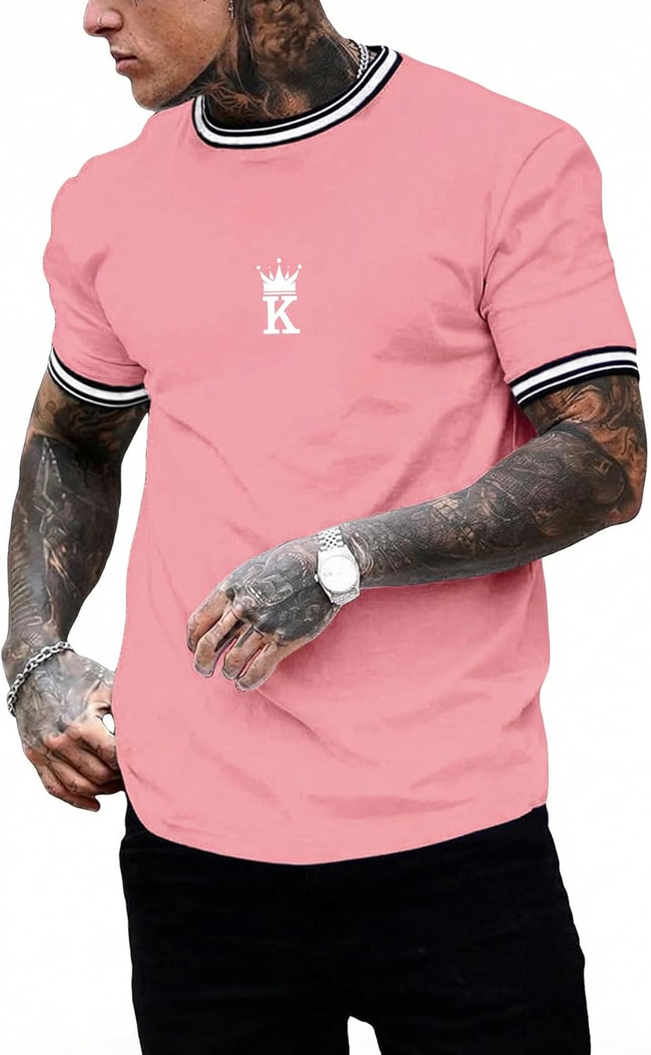 SOLY HUX Men's Crown Letter Print Striped Trim Tee Tops Short Sleeve Crew Neck Summer T Shirt
