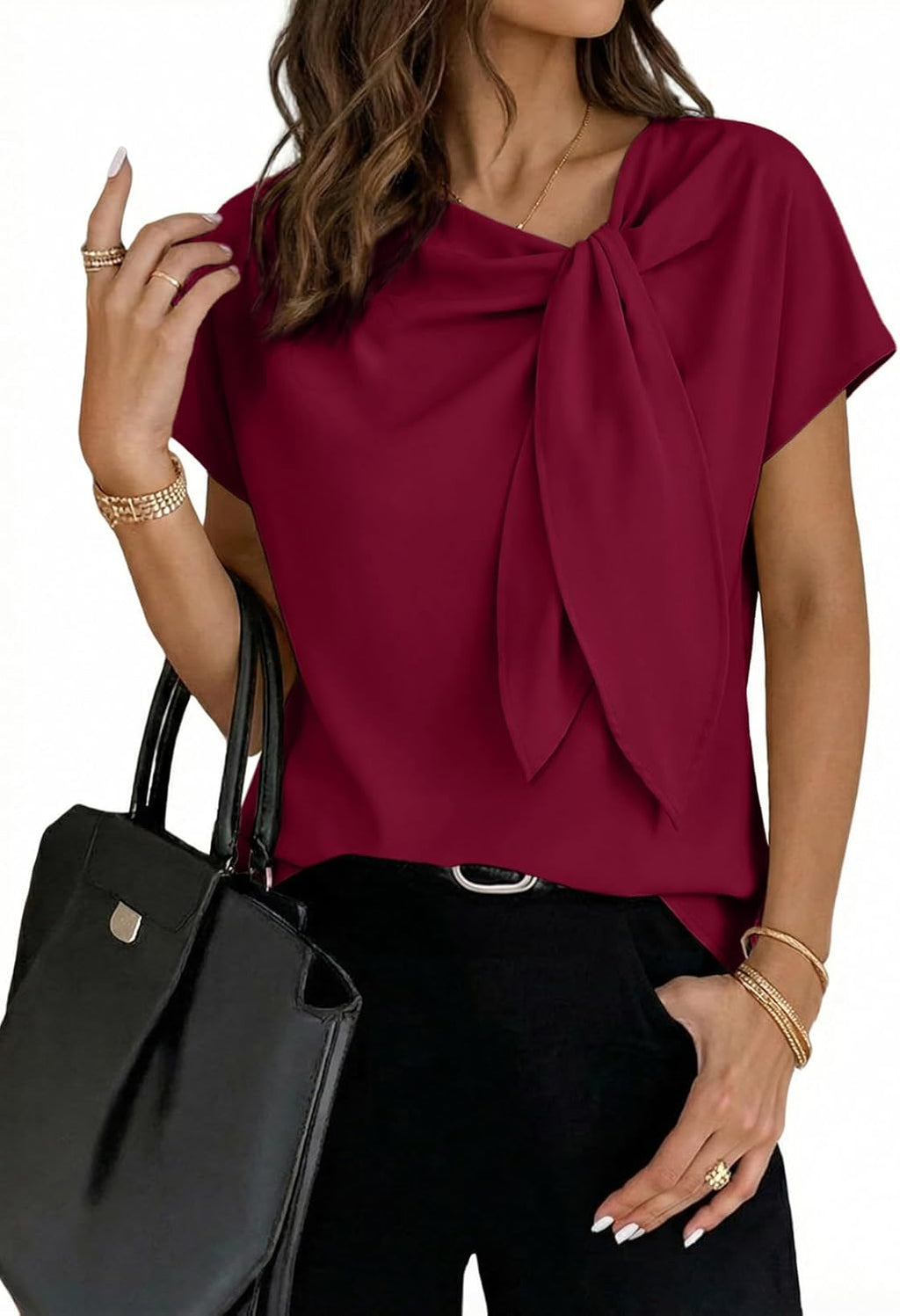 Dokotoo Women's Business Casual Short Sleeve Chiffon Slit Shirts 2026 Summer Elegant Knot Neckline Tops