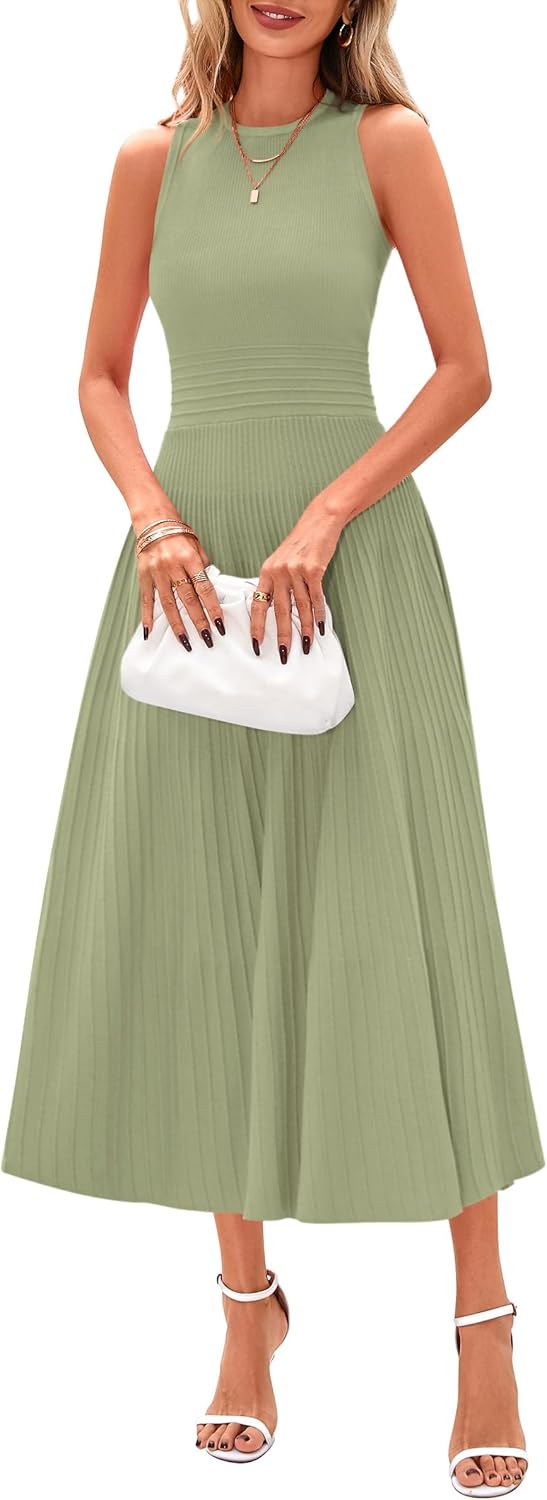 PRETTYGARDEN Spring Casual Dresses for Women 2026 Summer Business Work Midi Sleeveless A Line Pleated Cocktail Dress