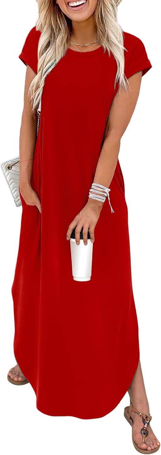 WIHOLL Summer Dresses Cap Sleeve Crewneck Maxi Long Casual Dress with Pockets Beach Vacation Sundresses 2026 Trendy