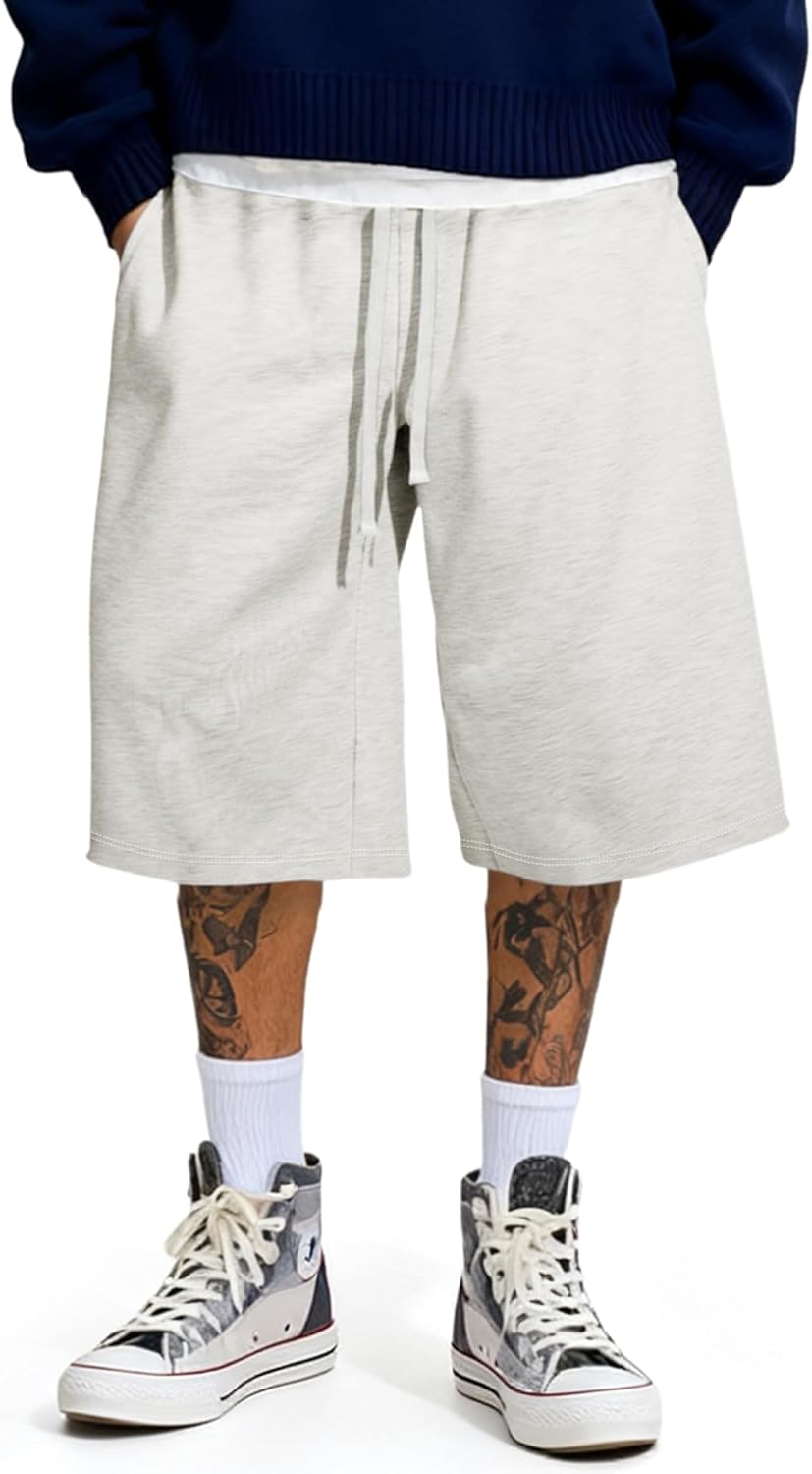 JMIERR 2026 Men's Baggy Sweat Shorts Lightweight Under Knee Casual Drawstring Y2K Shorts Loose Fit Gym Shorts