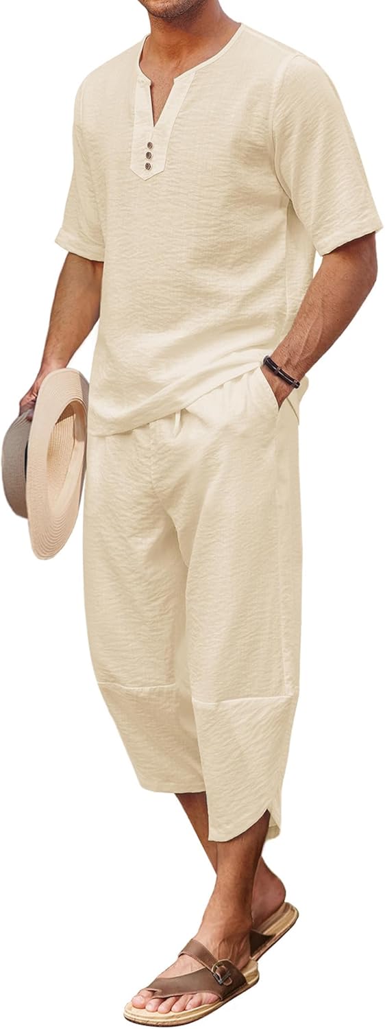 COOFANDY Men's 2 Pieces Linen Set Henley Shirt Short Sleeve and Harem Capri Pants Wide Leg Baggy Beach Yoga Trousers Outfits