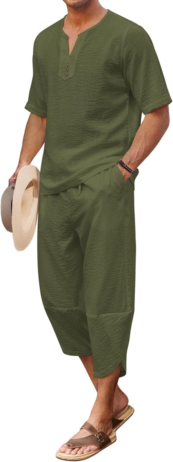 COOFANDY Men's 2 Pieces Linen Set Henley Shirt Short Sleeve and Harem Capri Pants Wide Leg Baggy Beach Yoga Trousers Outfits