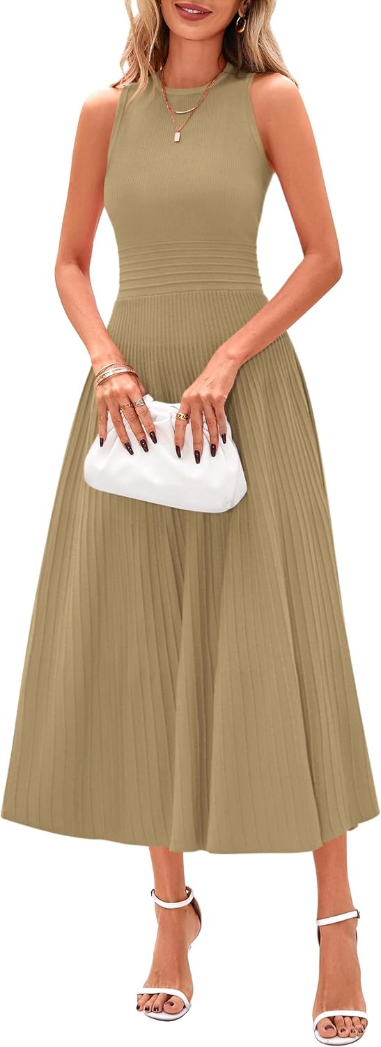 PRETTYGARDEN Spring Casual Dresses for Women 2026 Summer Business Work Midi Sleeveless A Line Pleated Cocktail Dress