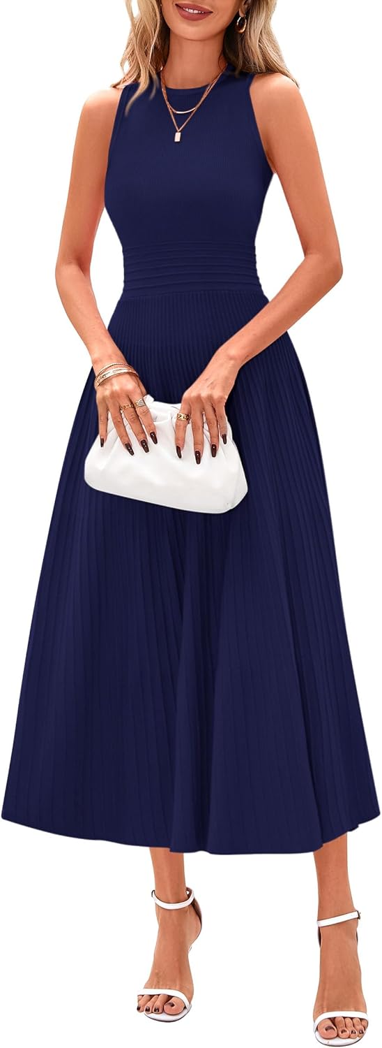 PRETTYGARDEN Spring Casual Dresses for Women 2026 Summer Business Work Midi Sleeveless A Line Pleated Cocktail Dress