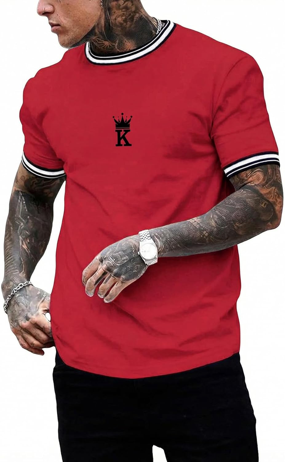 SOLY HUX Men's Crown Letter Print Striped Trim Tee Tops Short Sleeve Crew Neck Summer T Shirt