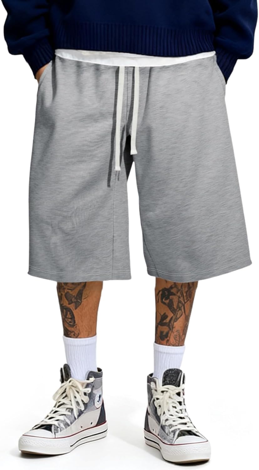 JMIERR 2026 Men's Baggy Sweat Shorts Lightweight Under Knee Casual Drawstring Y2K Shorts Loose Fit Gym Shorts