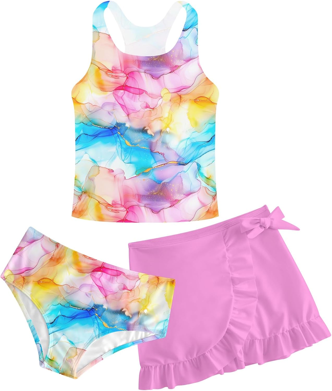 Girls Swimsuits 3 Piece Tankini Bathing Suit Set Cute Bikini Swimwear with Cover Ups Beach Skirt 5-16 Years