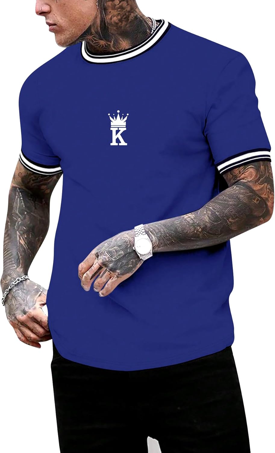 SOLY HUX Men's Crown Letter Print Striped Trim Tee Tops Short Sleeve Crew Neck Summer T Shirt
