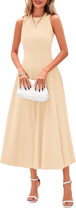 PRETTYGARDEN Spring Casual Dresses for Women 2026 Summer Business Work Midi Sleeveless A Line Pleated Cocktail Dress