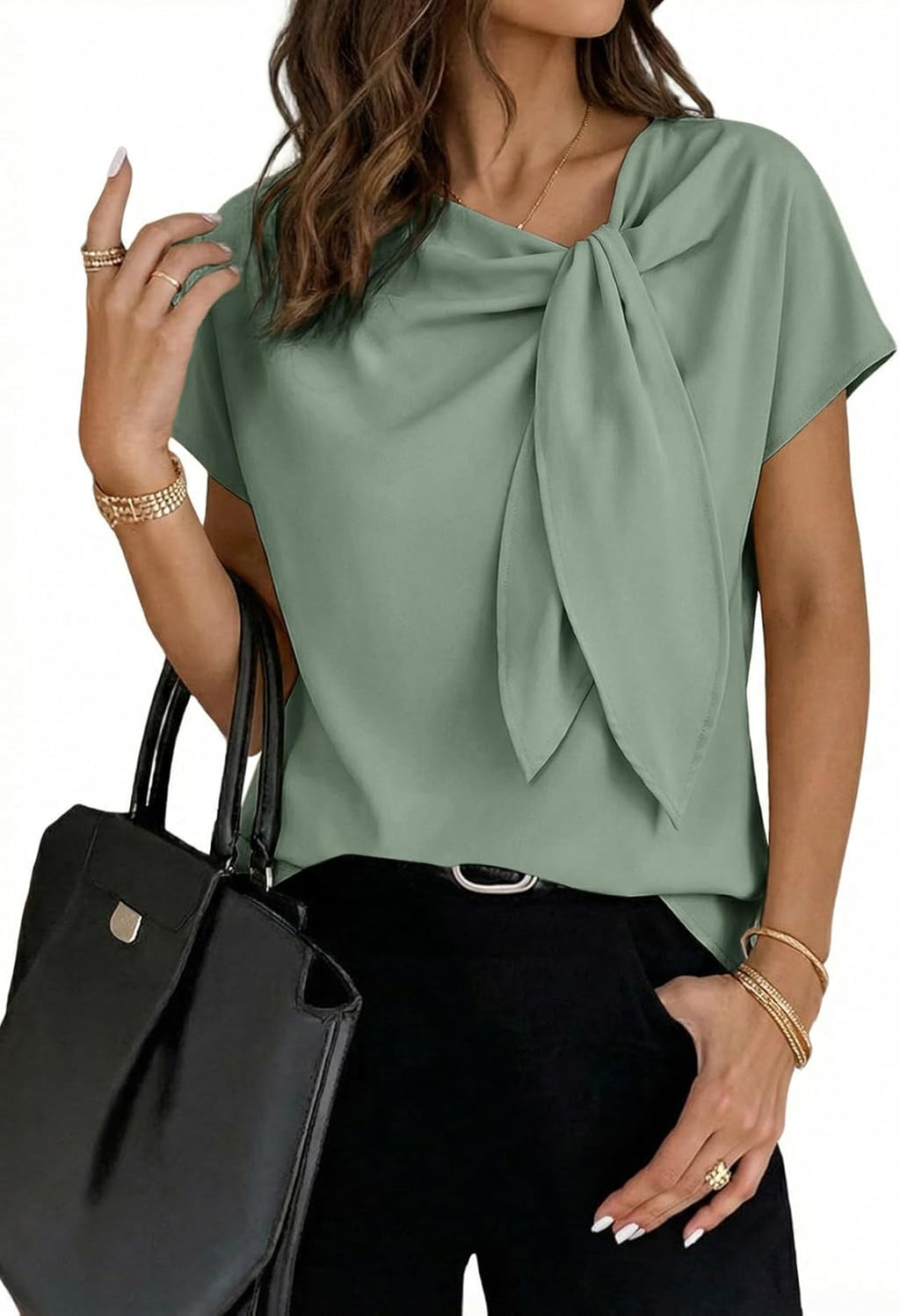 Dokotoo Women's Business Casual Short Sleeve Chiffon Slit Shirts 2026 Summer Elegant Knot Neckline Tops