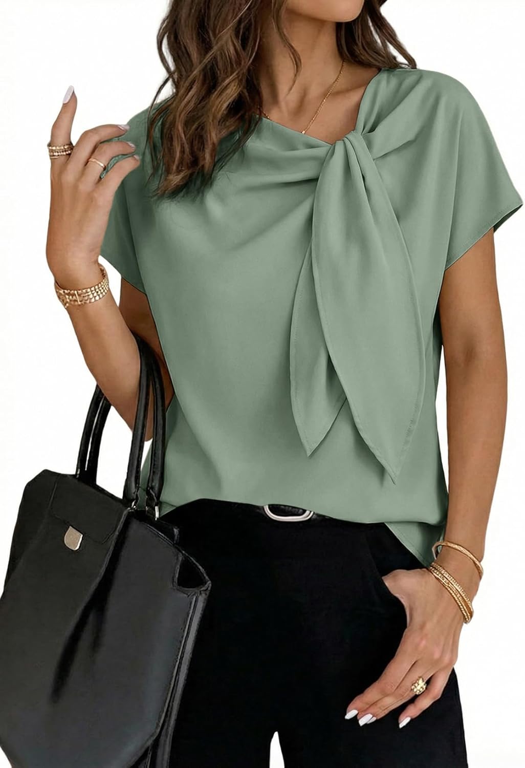 Dokotoo Women's Business Casual Short Sleeve Chiffon Slit Shirts 2026 Summer Elegant Knot Neckline Tops