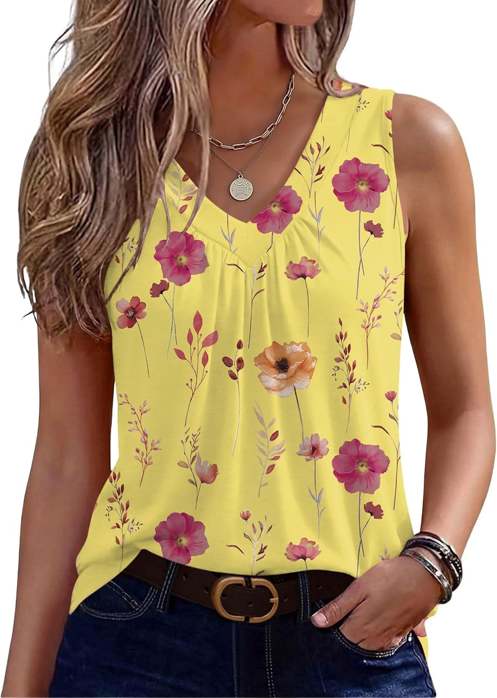 Zeagoo Womens Tank Tops Summer Sleeveless Loose Fit Tops V Neck Pleated Shirts Basic Tees Dressy Casual Trendy Clothes