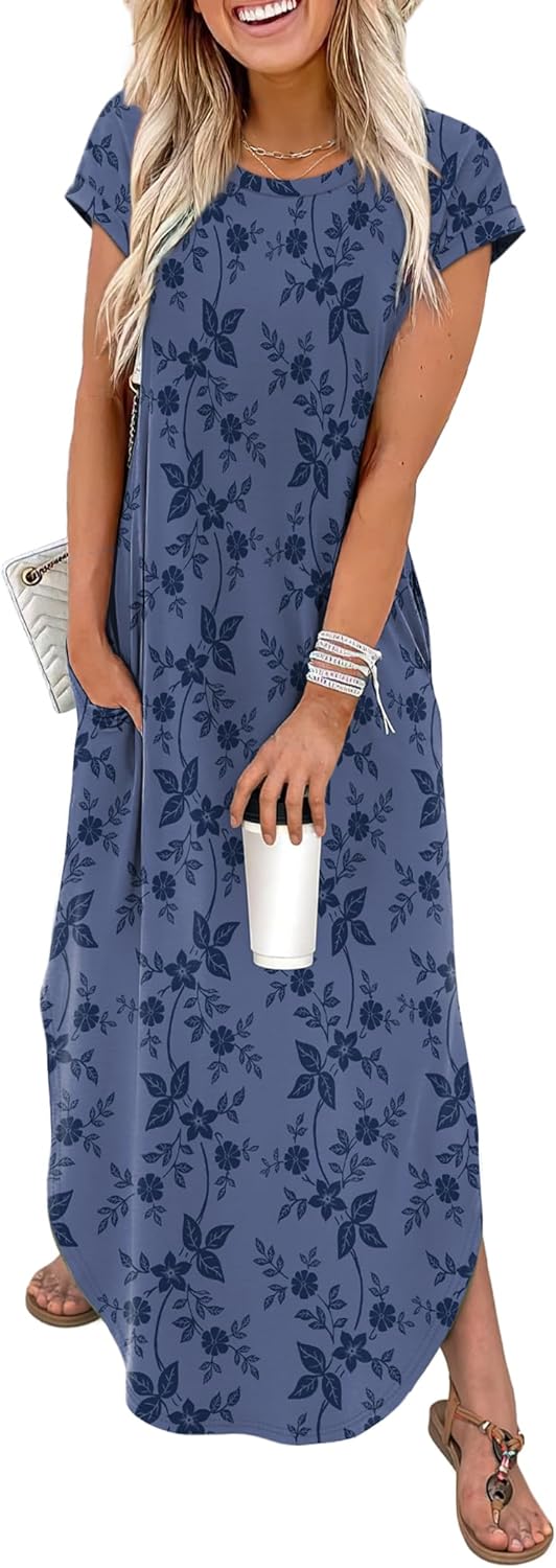 WIHOLL Summer Dresses Cap Sleeve Crewneck Maxi Long Casual Dress with Pockets Beach Vacation Sundresses 2026 Trendy