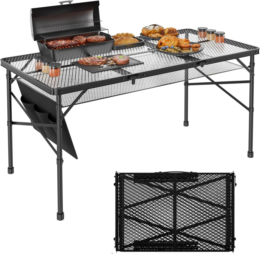 WildFinder Folding Table with 2 Wing Panels, 3x2 FT Camping Table with Mesh Desktop,Height Adjustable Folding Grill Table with Mesh Bag,Portable Outdoor Table for Picnic,Camping,BBQ,Beach(Black)