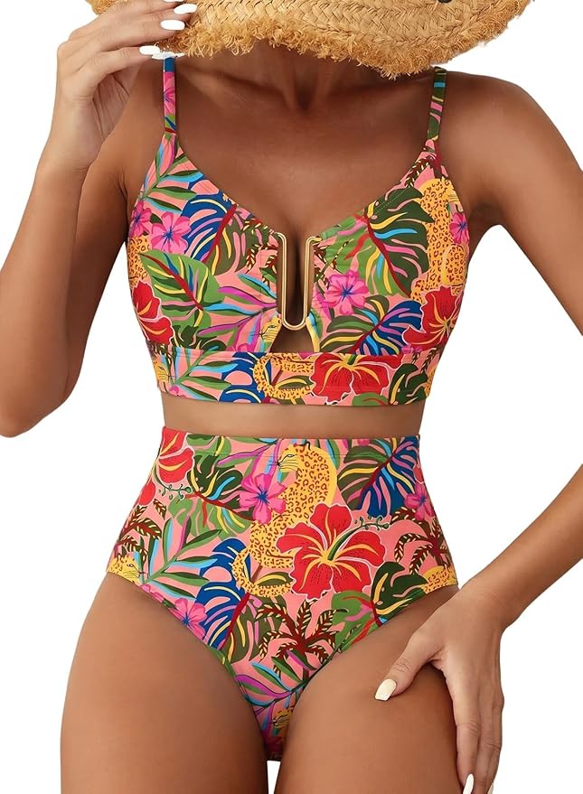 Herseas Womens 2 Piece High Waisted U Wire Bikini Set Floral Print Swimsuit Crisscross Back Bathing Suit Beach Swimwear