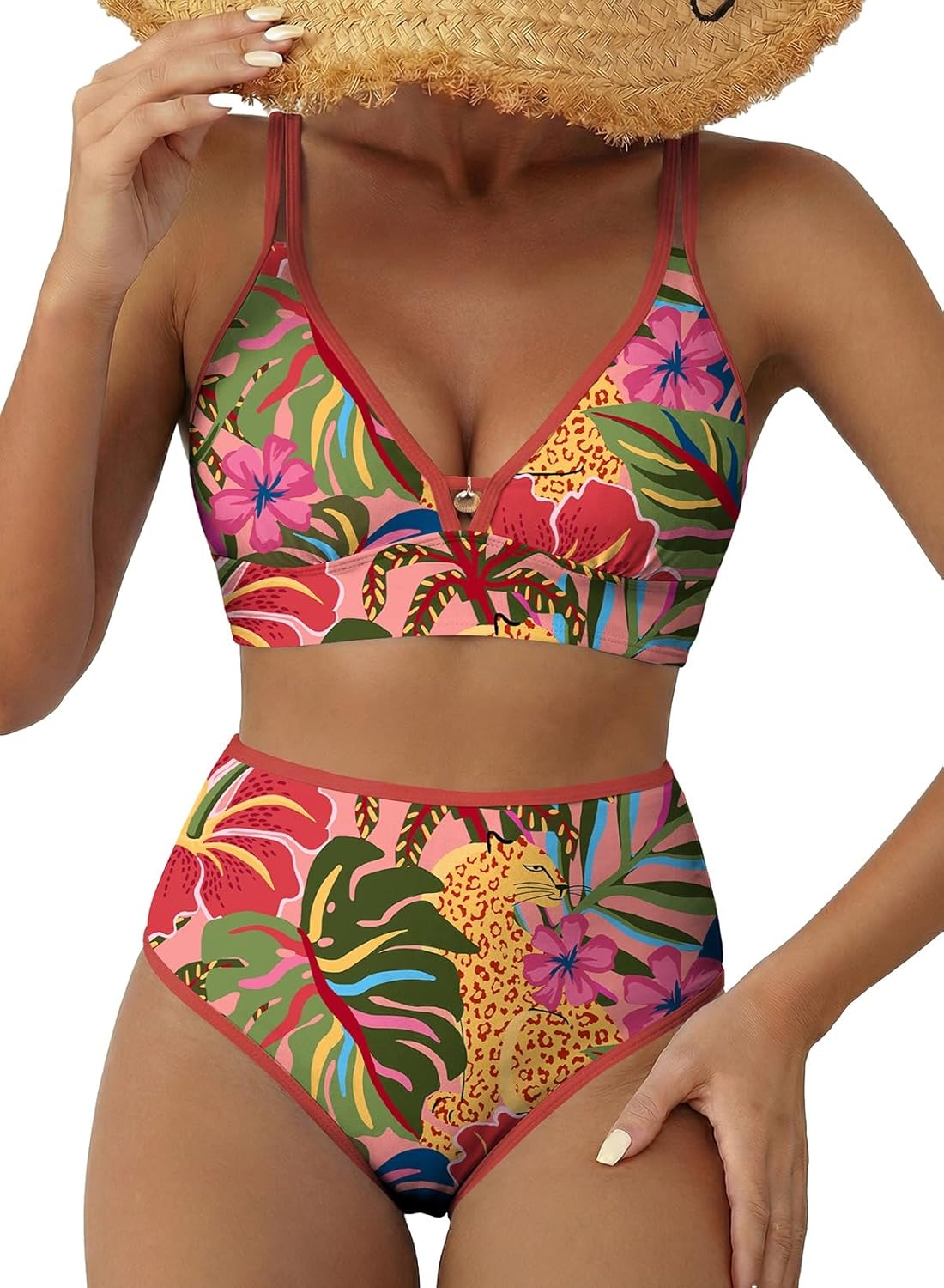 Herseas Women's 2 Piece Floral Print Bikini Sets V Neck Stitch Swimsuits High Waisted Bathing Suit Beach Summer Swimwear