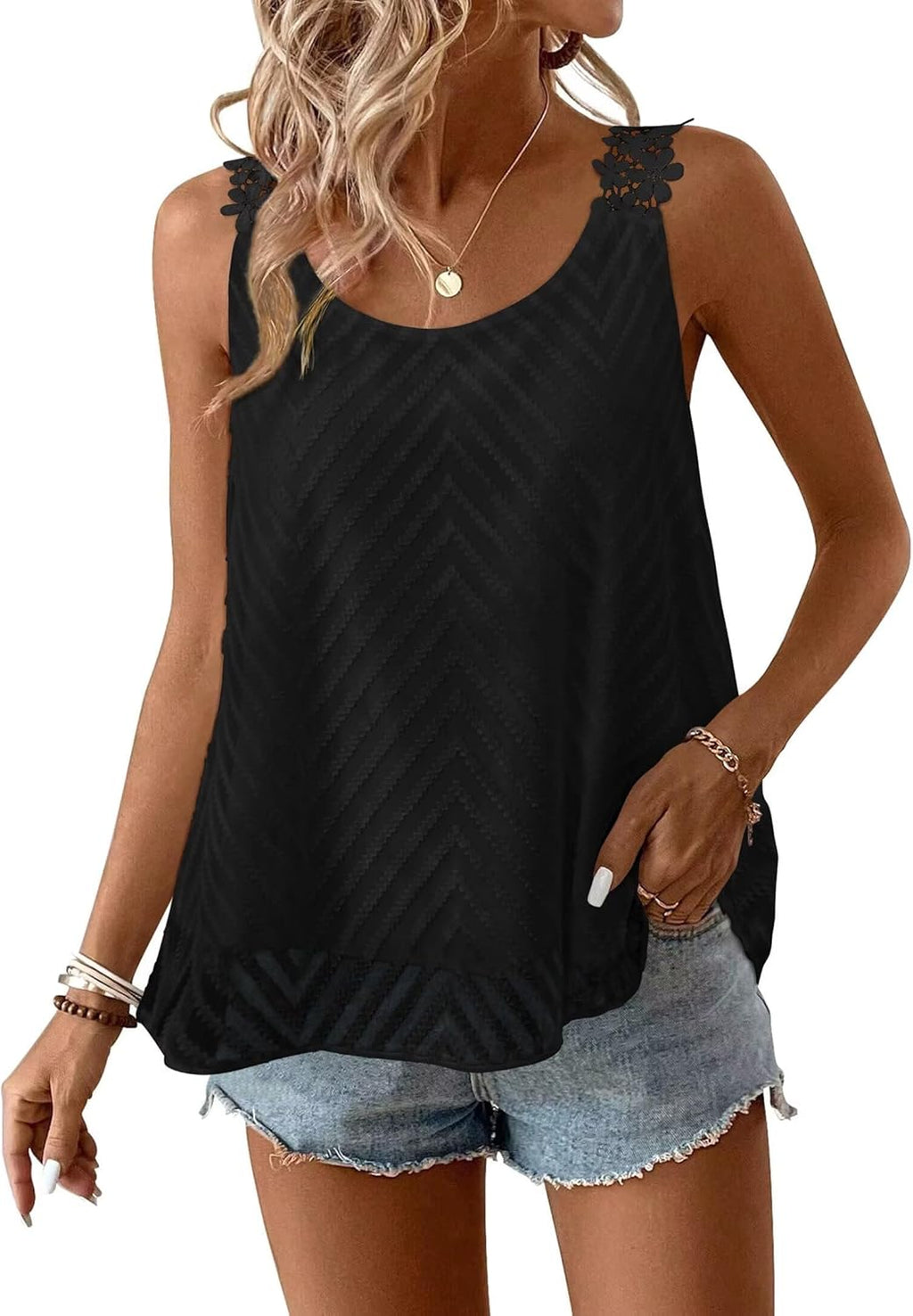 Womens Tank Tops Flowy Sleeveless Summer Boho Tank Top for Women Casual Crewneck Strap Lace Camisole Shirts