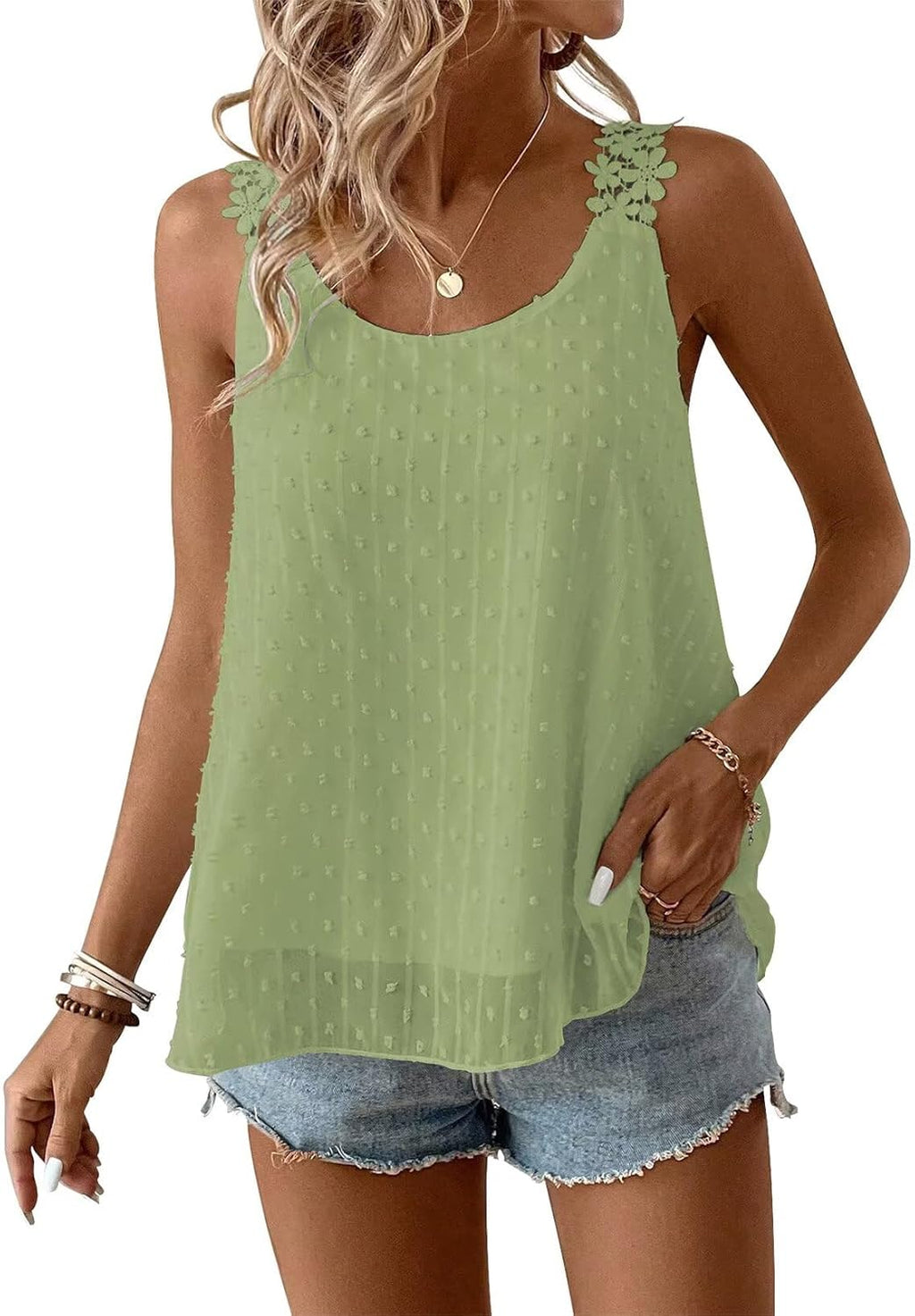 Womens Tank Tops Flowy Sleeveless Summer Boho Tank Top for Women Casual Crewneck Strap Lace Camisole Shirts