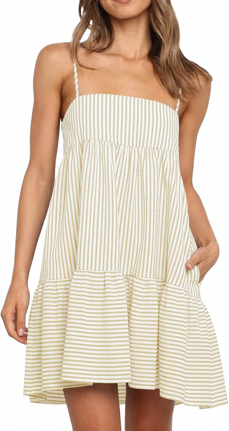 Wenrine Womens Summer Striped Mini Dress Casual Spaghetti Strap Sleeveless A Line Beach Sundress with Pockets