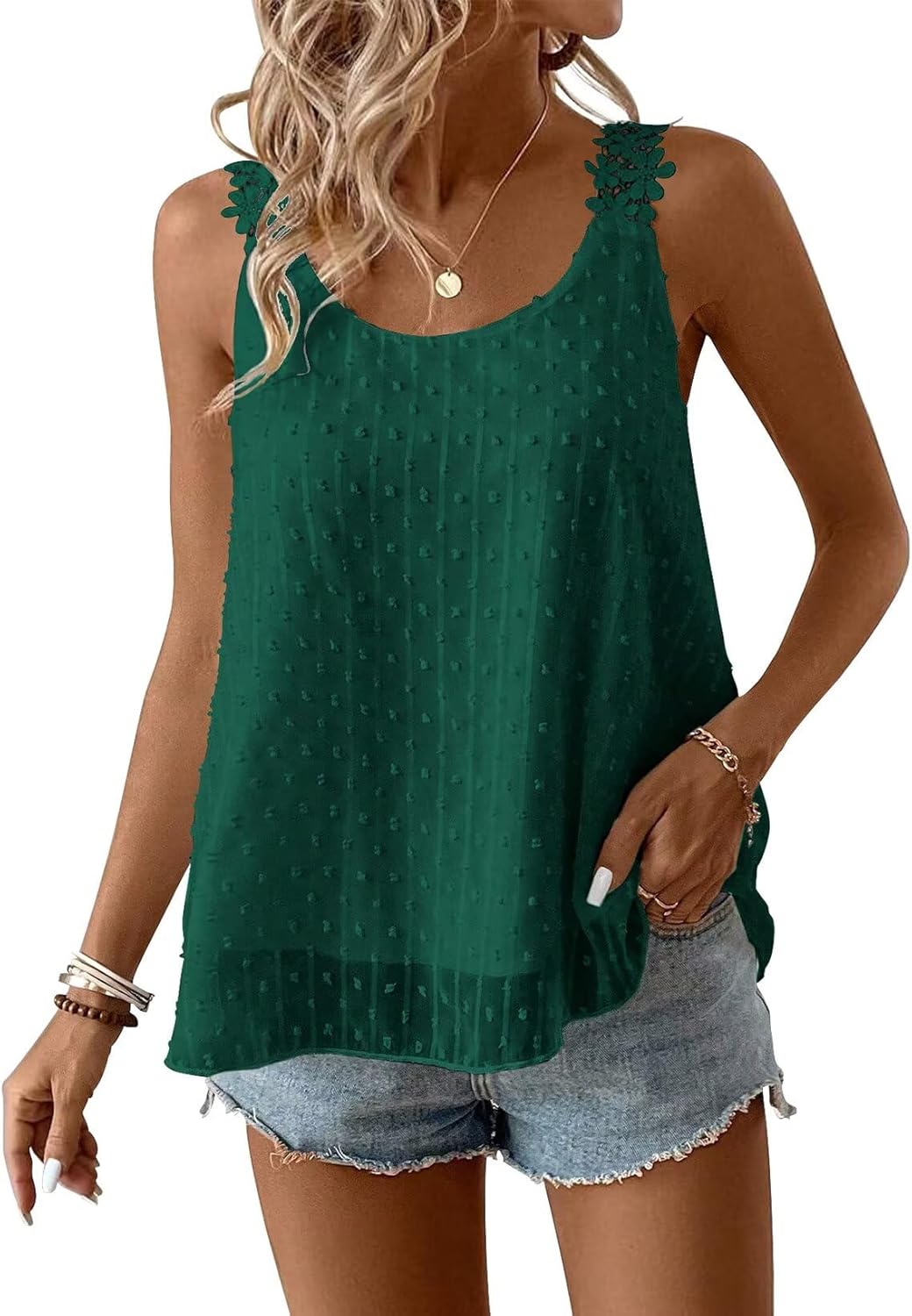 Womens Tank Tops Flowy Sleeveless Summer Boho Tank Top for Women Casual Crewneck Strap Lace Camisole Shirts