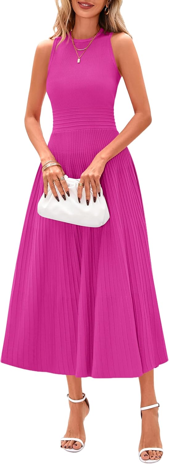 PRETTYGARDEN Spring Casual Dresses for Women 2026 Summer Business Work Midi Sleeveless A Line Pleated Cocktail Dress