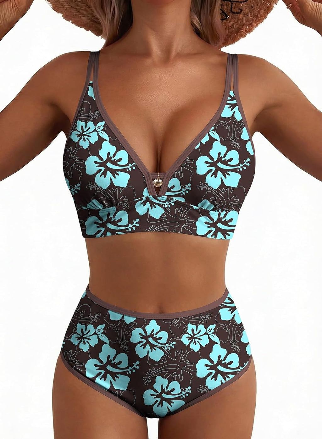 Herseas Women's 2 Piece Floral Print Bikini Sets V Neck Stitch Swimsuits High Waisted Bathing Suit Beach Summer Swimwear