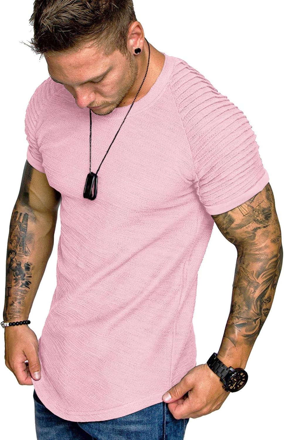 COOFANDY Men's Muscle T-Shirt Pleated Raglan Sleeve Bodybuilding Gym Tee Short Sleeve Fashion Workout Shirts Hipster Shirt