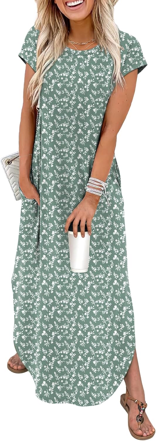 WIHOLL Summer Dresses Cap Sleeve Crewneck Maxi Long Casual Dress with Pockets Beach Vacation Sundresses 2026 Trendy