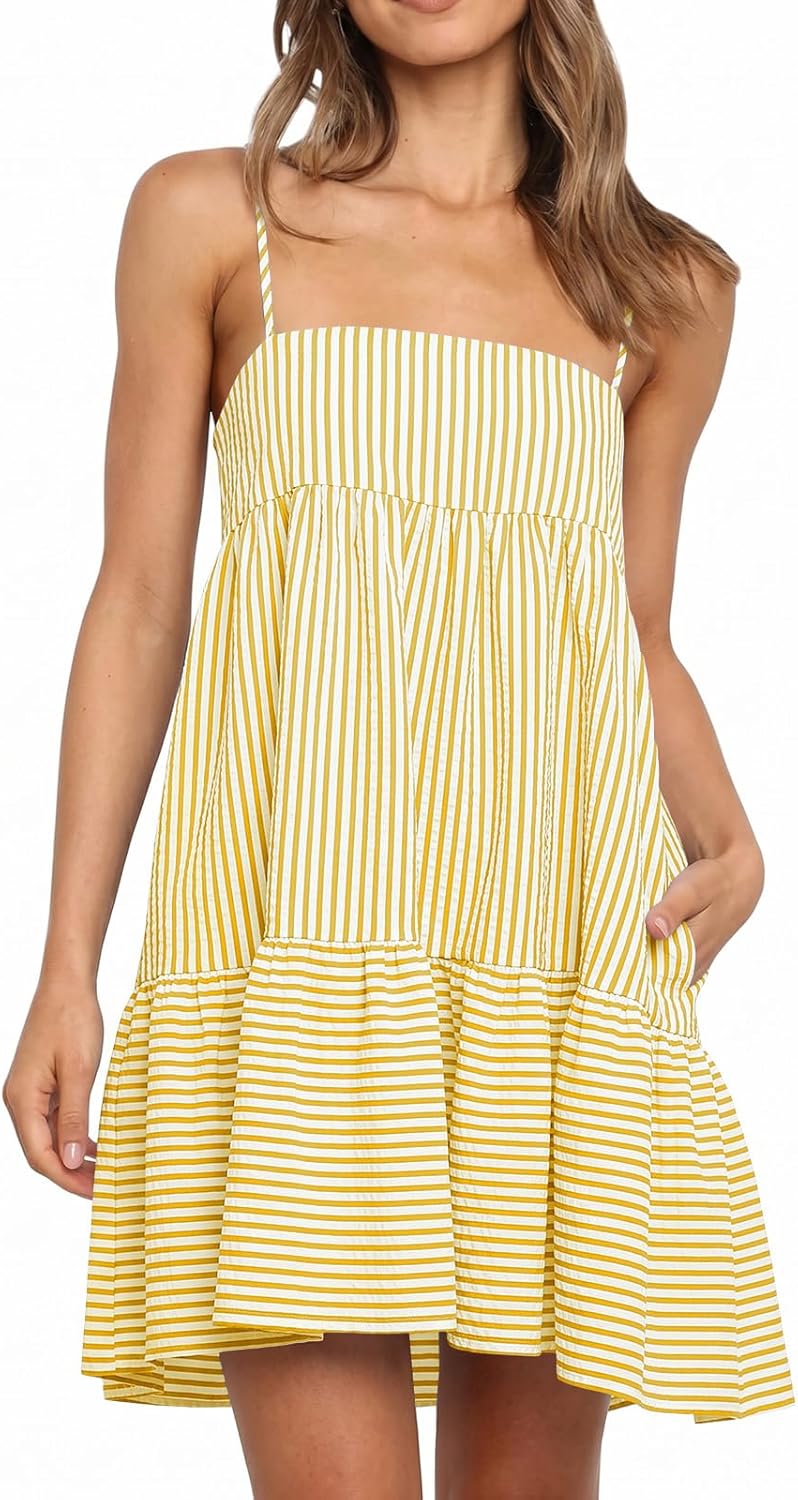 Wenrine Womens Summer Striped Mini Dress Casual Spaghetti Strap Sleeveless A Line Beach Sundress with Pockets