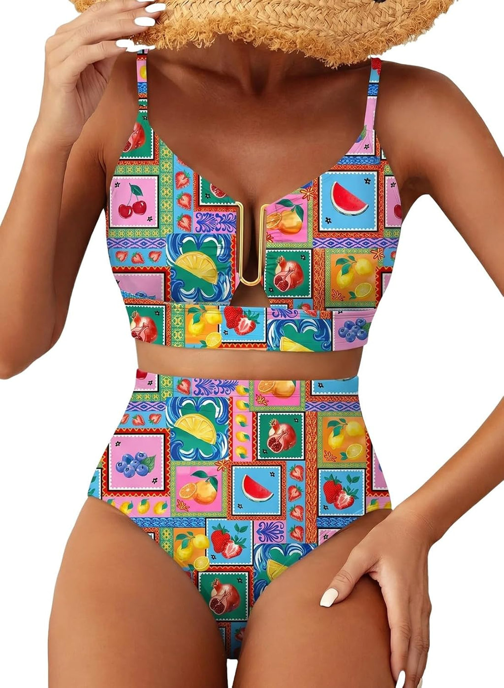 Herseas Womens 2 Piece High Waisted U Wire Bikini Set Floral Print Swimsuit Crisscross Back Bathing Suit Beach Swimwear