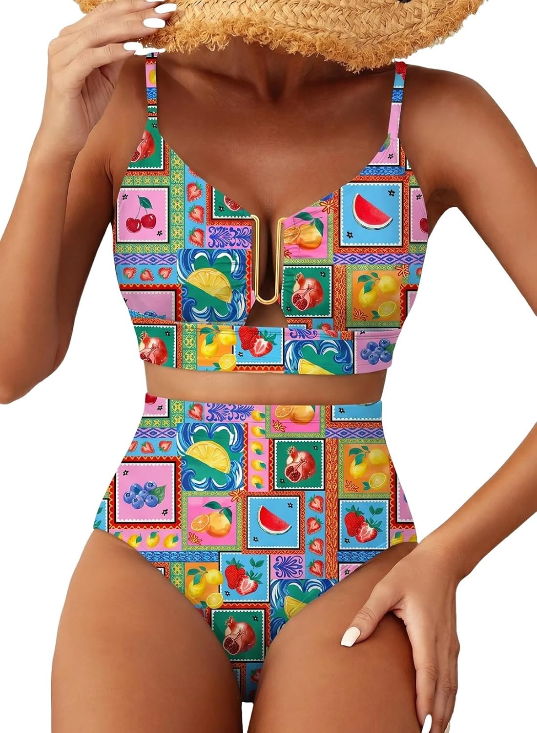 Herseas Womens 2 Piece High Waisted U Wire Bikini Set Floral Print Swimsuit Crisscross Back Bathing Suit Beach Swimwear